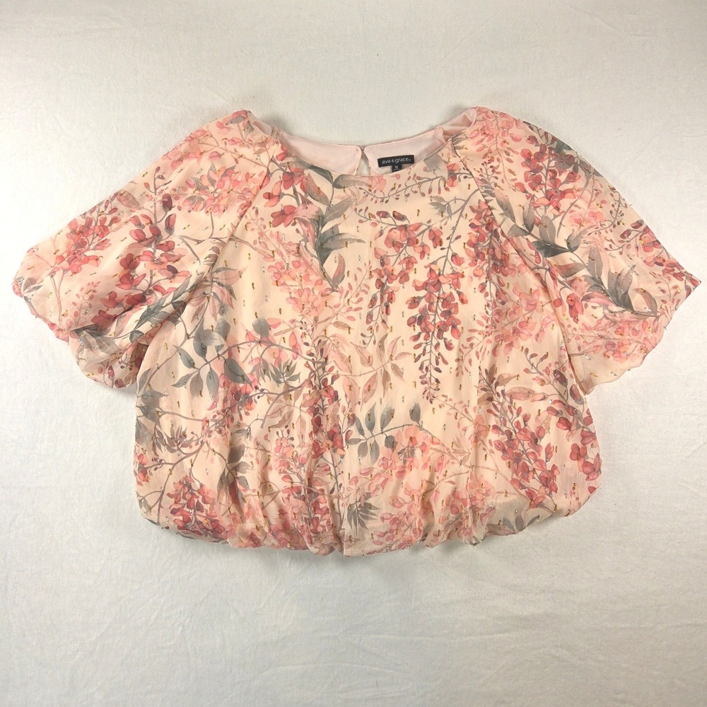 Ava Grace Women Light Flowy Floral Pink Short Sleeve Business Casual Blouse XL